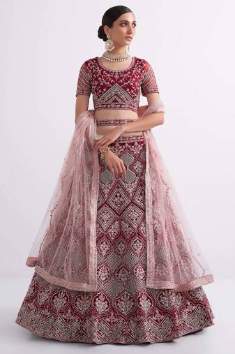 Maroon Cording Thread Sequins Embroidered With Zari Work Net Semi Stitched Party Wear Wedding Bridal Lehenga Choli
