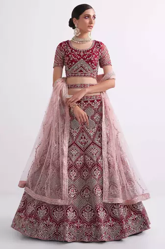 Maroon Cording Thread Sequins Embroidered With Zari Work Net Semi Stitched Party Wear Wedding Bridal Lehenga Choli