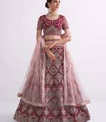 Maroon Cording Thread Sequins Embroidered With Zari Work Net Semi Stitched Party Wear Wedding Bridal Lehenga Choli