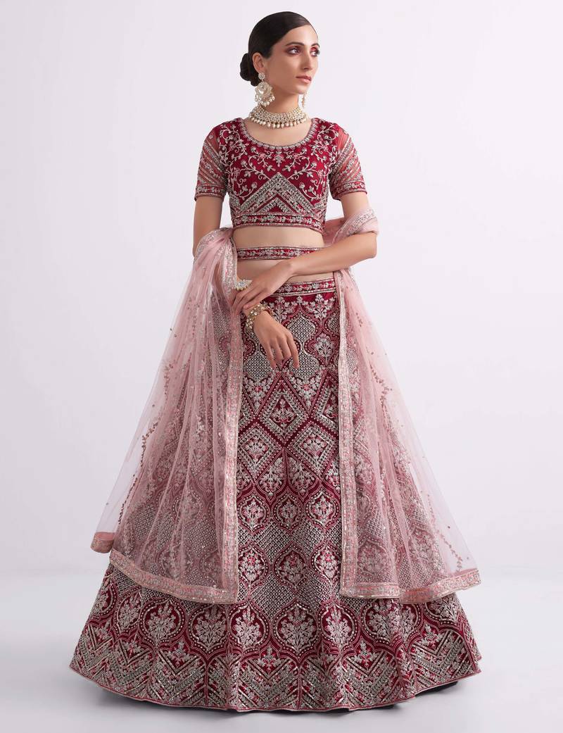 Maroon Cording Thread Sequins Embroidered With Zari Work Net Semi Stitched Party Wear Wedding Bridal Lehenga Choli