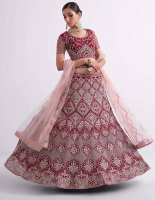 Maroon Cording Thread Sequins Embroidered With Zari Work Net Semi Stitched Party Wear Wedding Bridal Lehenga Choli 2