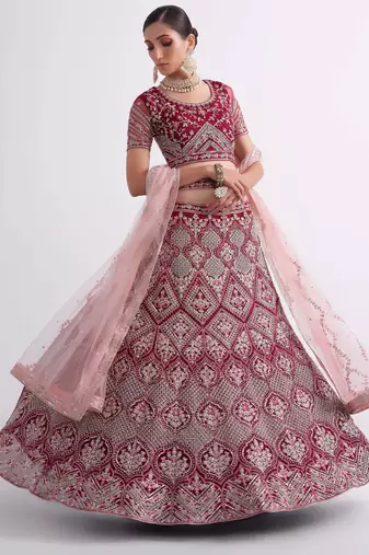 Maroon Cording Thread Sequins Embroidered With Zari Work Net Semi Stitched Party Wear Wedding Bridal Lehenga Choli