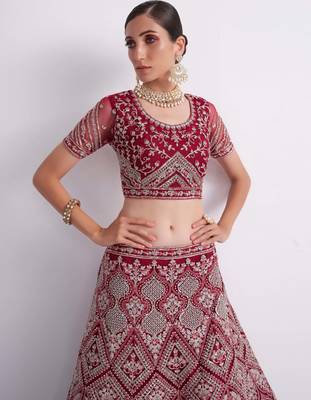 Maroon Cording Thread Sequins Embroidered With Zari Work Net Semi Stitched Party Wear Wedding Bridal Lehenga Choli 3