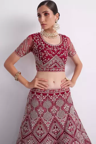 Maroon Cording Thread Sequins Embroidered With Zari Work Net Semi Stitched Party Wear Wedding Bridal Lehenga Choli