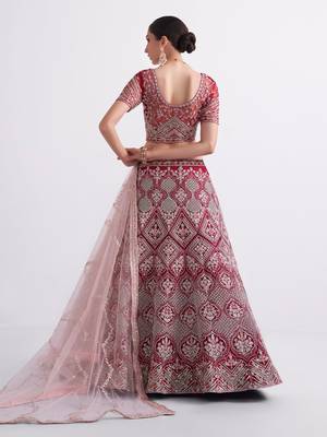 Maroon Cording Thread Sequins Embroidered With Zari Work Net Semi Stitched Party Wear Wedding Bridal Lehenga Choli 5
