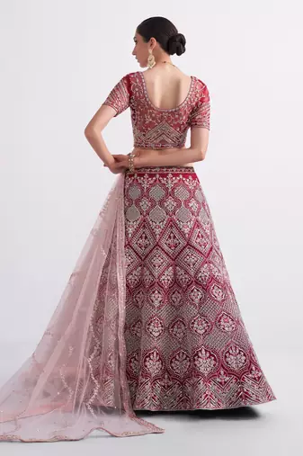 Maroon Cording Thread Sequins Embroidered With Zari Work Net Semi Stitched Party Wear Wedding Bridal Lehenga Choli