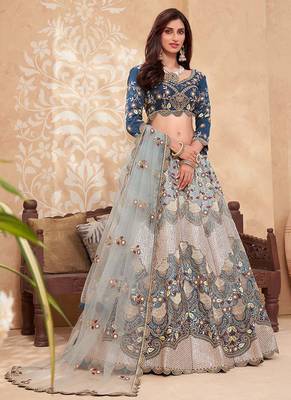 Teal Blue Soft Silk Sequins embroidery Work A Line Lehenga With Zarkan work Partywear Lehenga For Bridal & Siders 1