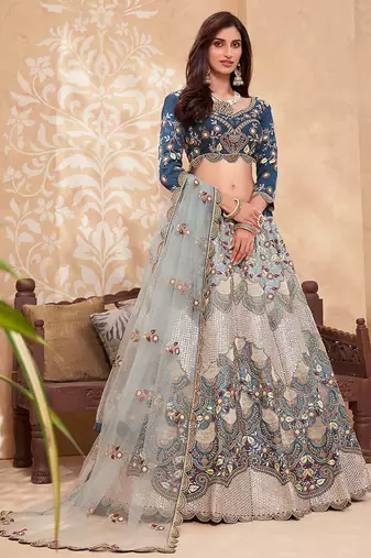 Teal Blue Soft Silk Sequins embroidery Work A Line Lehenga With Zarkan work Partywear Lehenga For Bridal & Siders