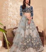 Teal Blue Soft Silk Sequins embroidery Work A Line Lehenga With Zarkan work Partywear Lehenga For Bridal & Siders