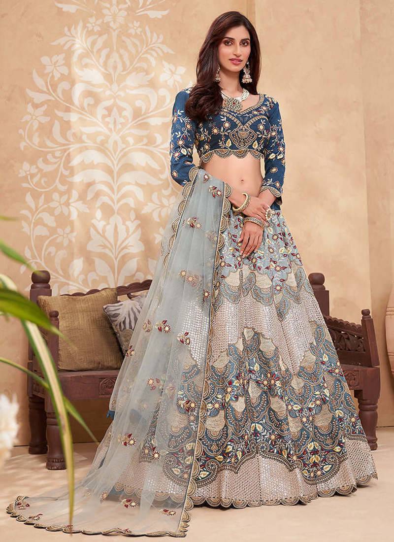 Teal Blue Soft Silk Sequins embroidery Work A Line Lehenga With Zarkan work Partywear Lehenga For Bridal & Siders