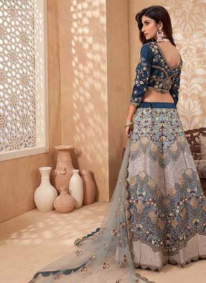 Teal Blue Soft Silk Sequins embroidery Work A Line Lehenga With Zarkan work Partywear Lehenga For Bridal & Siders 2