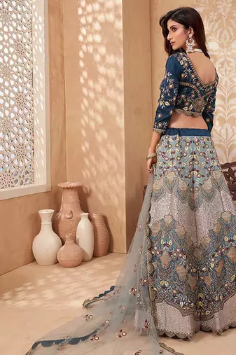 Teal Blue Soft Silk Sequins embroidery Work A Line Lehenga With Zarkan work Partywear Lehenga For Bridal & Siders