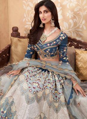 Teal Blue Soft Silk Sequins embroidery Work A Line Lehenga With Zarkan work Partywear Lehenga For Bridal & Siders 3