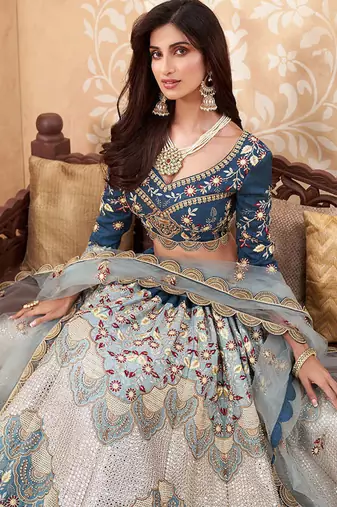 Teal Blue Soft Silk Sequins embroidery Work A Line Lehenga With Zarkan work Partywear Lehenga For Bridal & Siders