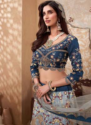 Teal Blue Soft Silk Sequins embroidery Work A Line Lehenga With Zarkan work Partywear Lehenga For Bridal & Siders 4