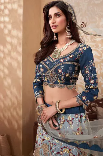 Teal Blue Soft Silk Sequins embroidery Work A Line Lehenga With Zarkan work Partywear Lehenga For Bridal & Siders