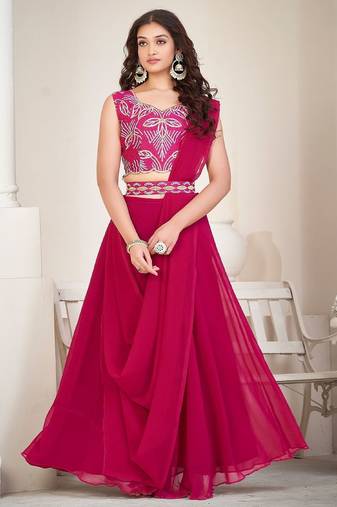 Embroidered Thread Work Semi-Stitched Lehenga & Unstitched Blouse With Dupatta