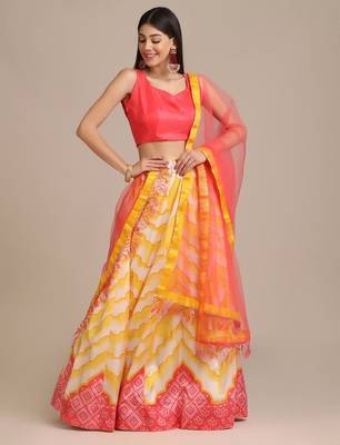 White & Red Printed Semi-Stitched Lehenga & Unstitched Blouse With Dupatta 1