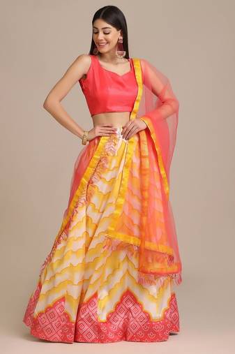 White & Red Printed Semi-Stitched Lehenga & Unstitched Blouse With Dupatta