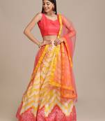 White & Red Printed Semi-Stitched Lehenga & Unstitched Blouse With Dupatta