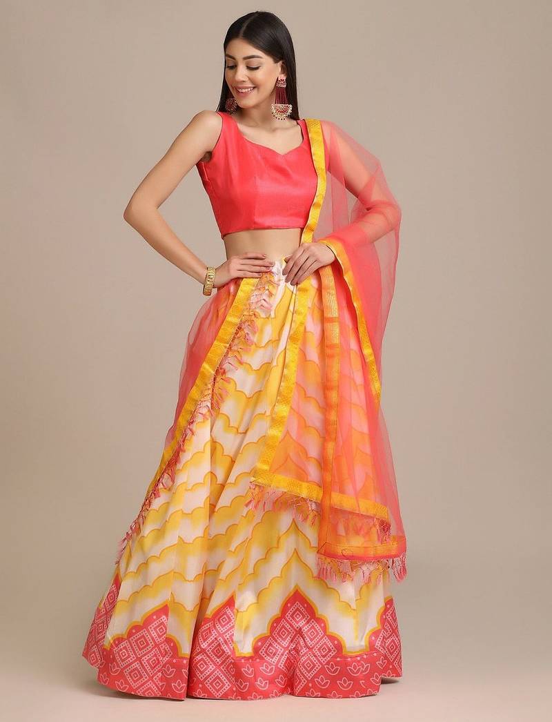 White & Red Printed Semi-Stitched Lehenga & Unstitched Blouse With Dupatta