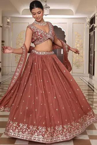 Embroidered Thread Work Semi-Stitched Lehenga & Unstitched Blouse With Dupatta