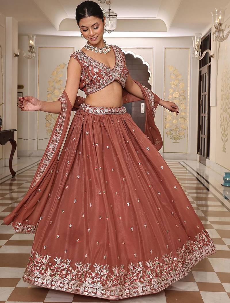 Embroidered Thread Work Semi-Stitched Lehenga & Unstitched Blouse With Dupatta
