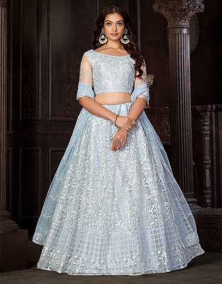 Embroidered Thread Work Semi-Stitched Lehenga & Unstitched Blouse With Dupatta 1