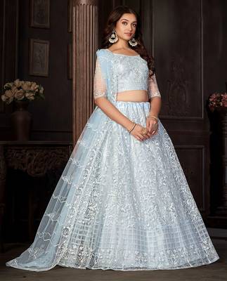 Embroidered Thread Work Semi-Stitched Lehenga & Unstitched Blouse With Dupatta 3