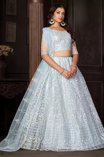 Embroidered Thread Work Semi-Stitched Lehenga & Unstitched Blouse With Dupatta