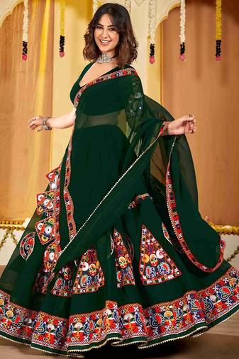Embroidered Thread Work Semi-Stitched Lehenga & Blouse With Dupatta