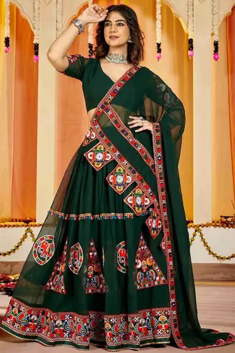 Embroidered Thread Work Semi-Stitched Lehenga & Blouse With Dupatta