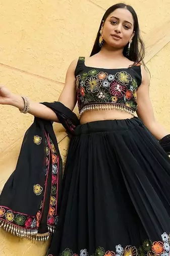 Embroidered Thread Work Semi-Stitched Lehenga & Unstitched Blouse With Dupatta
