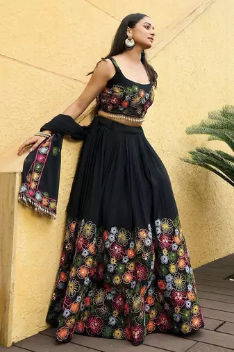 Embroidered Thread Work Semi-Stitched Lehenga & Unstitched Blouse With Dupatta