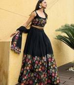 Embroidered Thread Work Semi-Stitched Lehenga & Unstitched Blouse With Dupatta