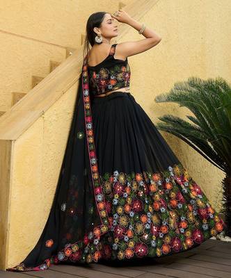 Embroidered Thread Work Semi-Stitched Lehenga & Unstitched Blouse With Dupatta 4