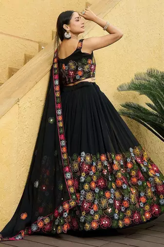 Embroidered Thread Work Semi-Stitched Lehenga & Unstitched Blouse With Dupatta