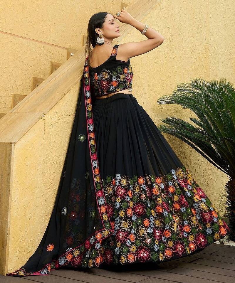Embroidered Thread Work Semi-Stitched Lehenga & Unstitched Blouse With Dupatta