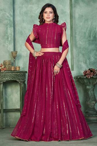 Embroidered Thread Work Semi-Stitched Lehenga & Unstitched Blouse With Dupatta