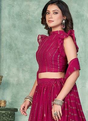 Embroidered Thread Work Semi-Stitched Lehenga & Unstitched Blouse With Dupatta 4