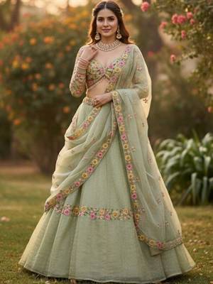 Embroidered Thread Work Semi-Stitched Lehenga & Blouse With Dupatta 2