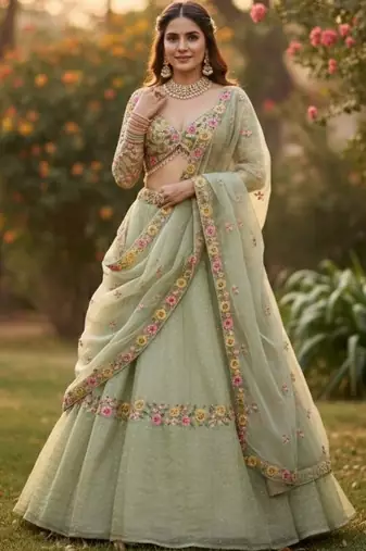 Embroidered Thread Work Semi-Stitched Lehenga & Blouse With Dupatta