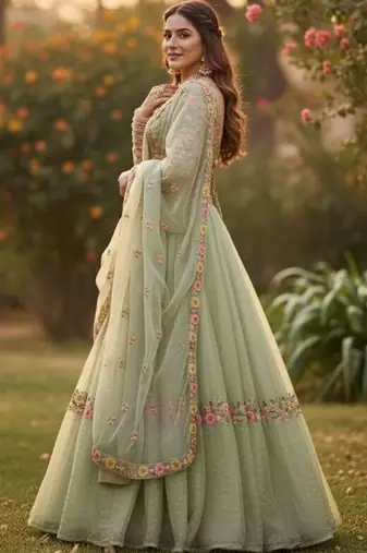 Embroidered Thread Work Semi-Stitched Lehenga & Blouse With Dupatta