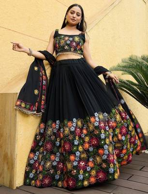 Embroidered Thread Work Semi-Stitched Lehenga & Unstitched Blouse With Dupatta 1