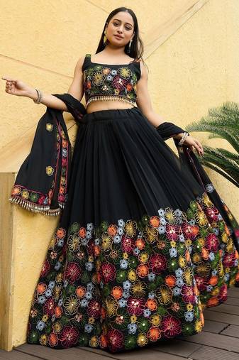 Embroidered Thread Work Semi-Stitched Lehenga & Unstitched Blouse With Dupatta