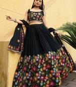 Embroidered Thread Work Semi-Stitched Lehenga & Unstitched Blouse With Dupatta