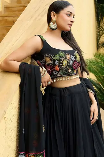 Embroidered Thread Work Semi-Stitched Lehenga & Unstitched Blouse With Dupatta