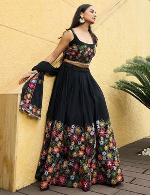 Embroidered Thread Work Semi-Stitched Lehenga & Unstitched Blouse With Dupatta 3