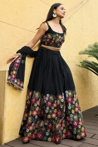 Embroidered Thread Work Semi-Stitched Lehenga & Unstitched Blouse With Dupatta