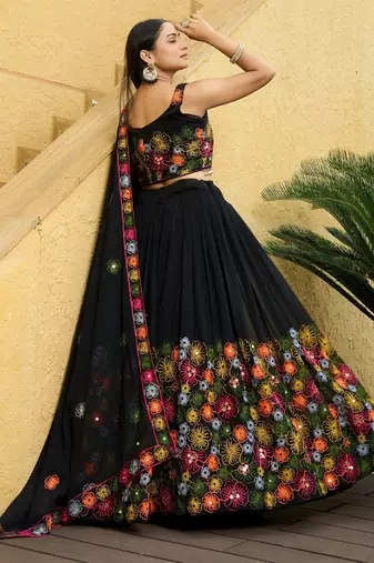 Embroidered Thread Work Semi-Stitched Lehenga & Unstitched Blouse With Dupatta